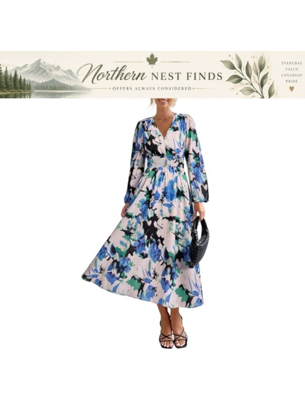 PRETTYGARDEN Women Flowy V Neck Long Sleeve Midi Dress Casual Wedding Guest